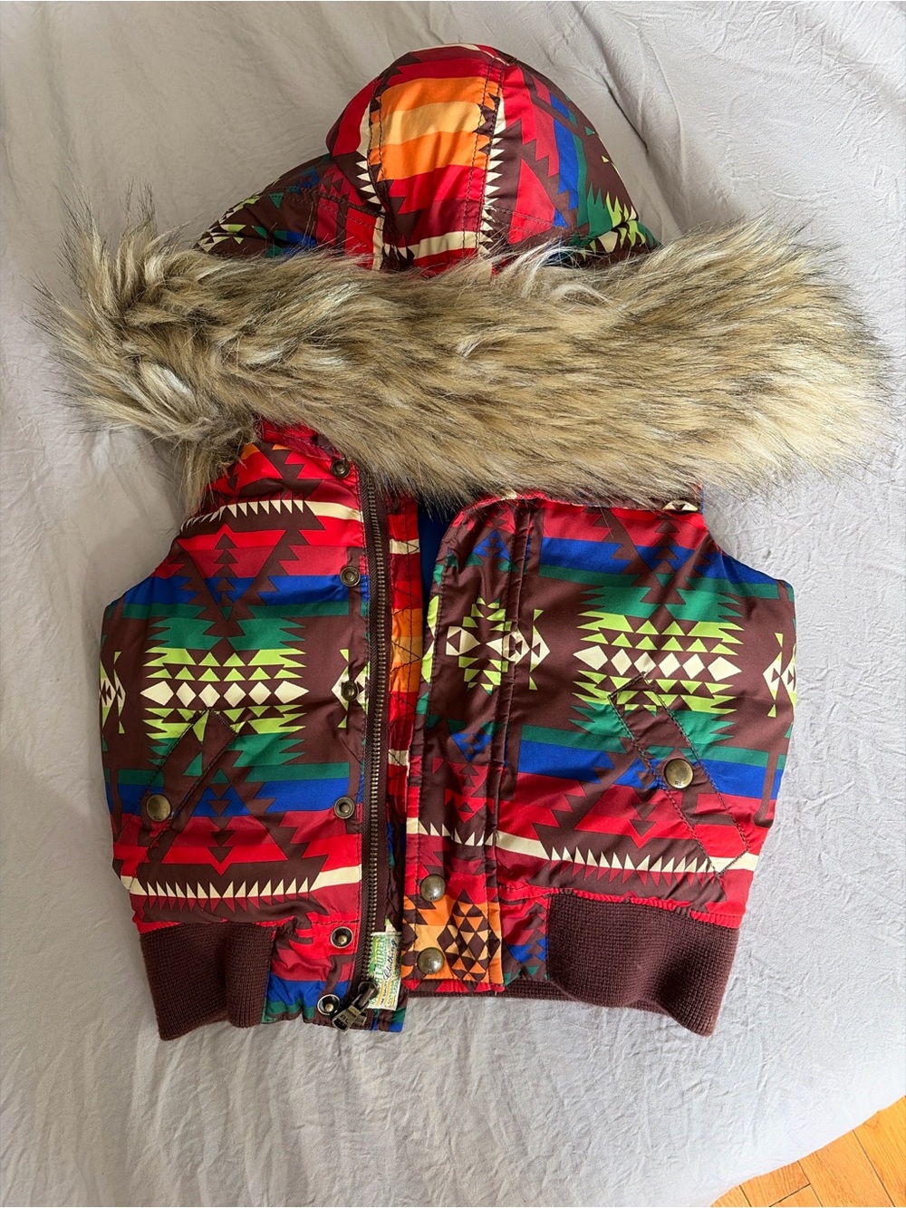 Polo Ralpoh Lauren Kids Aztec-Print Hooded Puffer Vest with Faux-Fur Trim